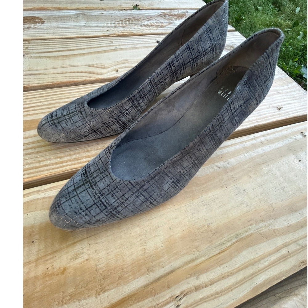 Stuart Weitzman Pumps Fabric Plaid Block Kitten Heel Vintage Aesthetic Grey